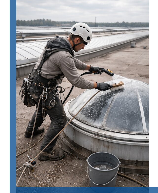 Мойка зенитных фонарей на кровле для промышленных объектов в Щербинке