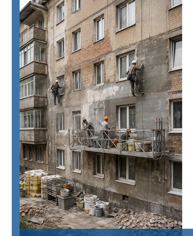 Капитальный ремонт фасада в Щербинке с восстановлением и гидроизоляцией