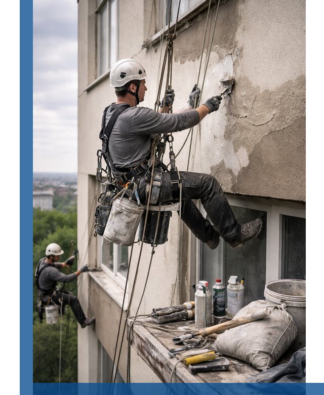 Косметический ремонт фасада зданий в Щербинке промышленными альпинистами