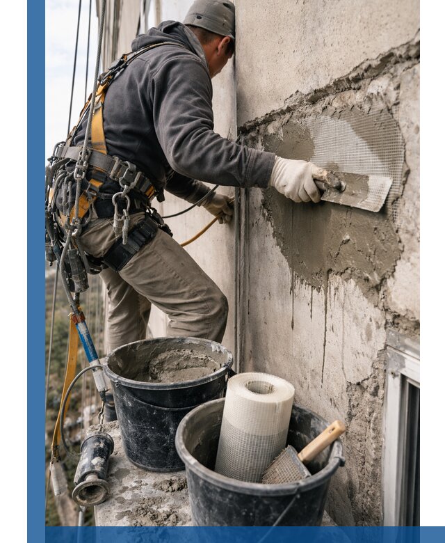 Ремонт бетонных элементов фасада промышленными альпинистами в Щербинке