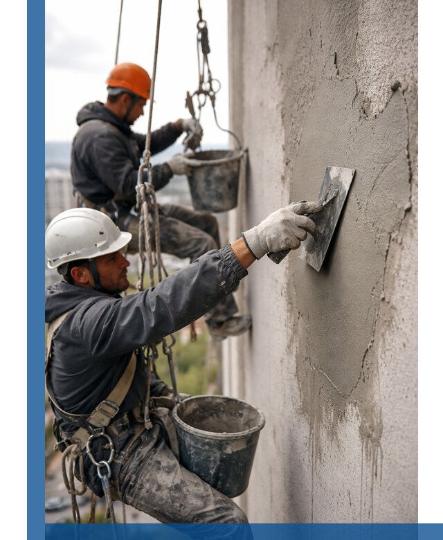 Штукатурка фасада на высоте в Щербинке профессиональные работы