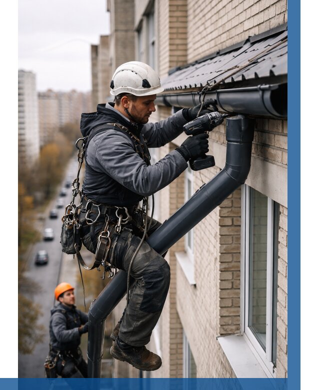 Монтаж водосточной системы на здании в Щербинке от 5091 р. | ВЫСОТНИК-Щрб