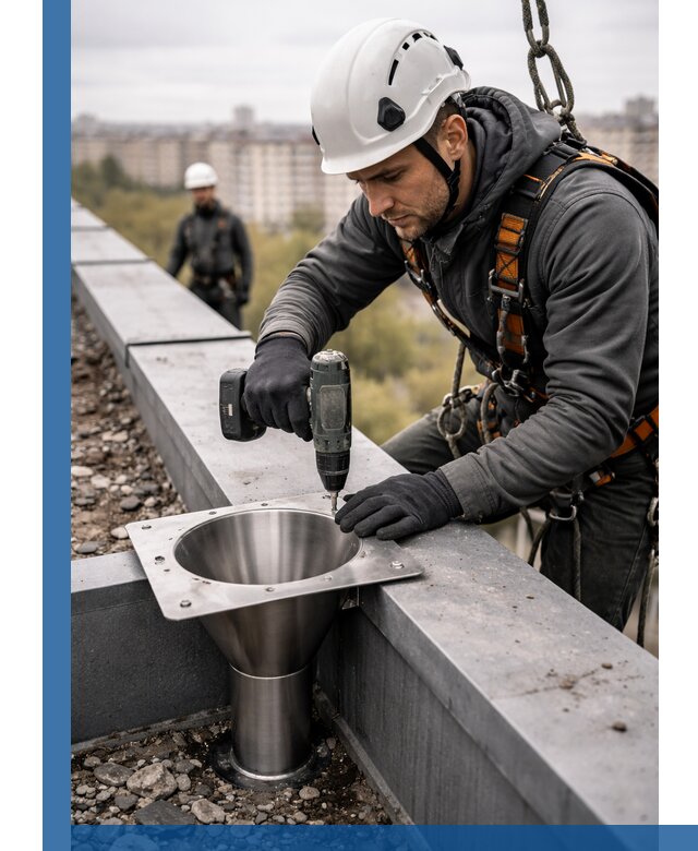 Монтаж водосточных воронок в Щербинке для промышленных зданий