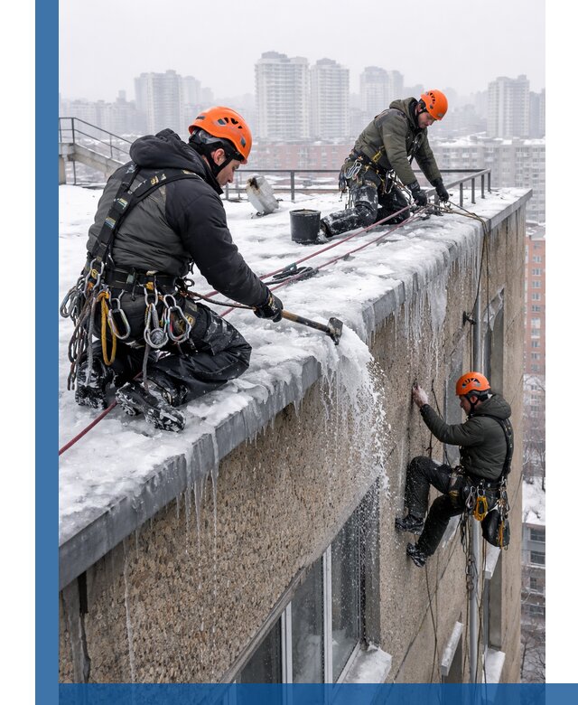 Удаление наледи с кровли в Щербинке промышленными альпинистами