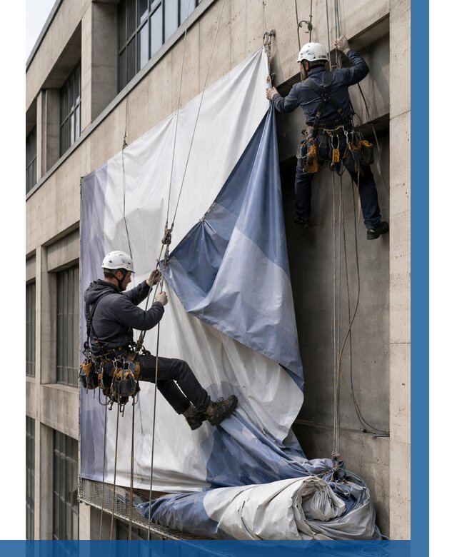 Демонтаж баннеров с фасада в Щербинке от 4582 р. | ВЫСОТНИК-Щрб