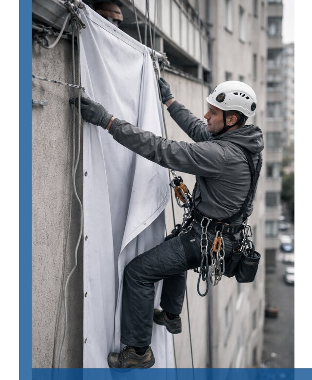 Замена баннерного полотна промышленными альпинистами в Щербинке
