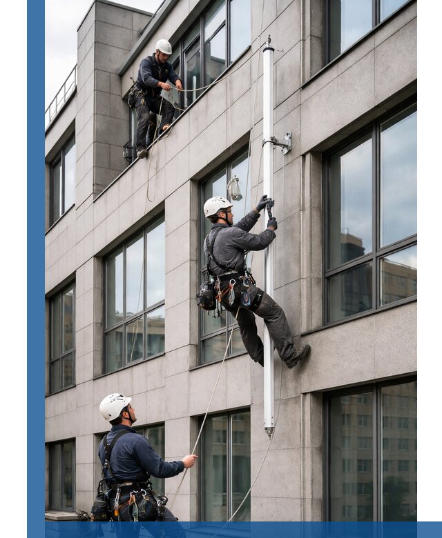 Монтаж флагштока на фасаде здания с креплением и герметикой в Щербинке