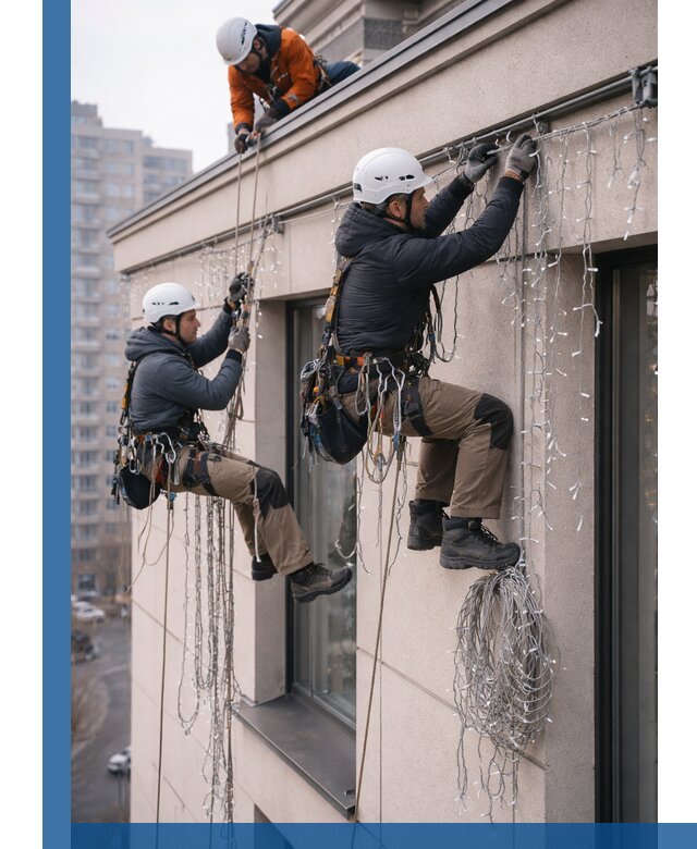 Монтаж праздничных гирлянд на фасаде в Щербинке для зданий