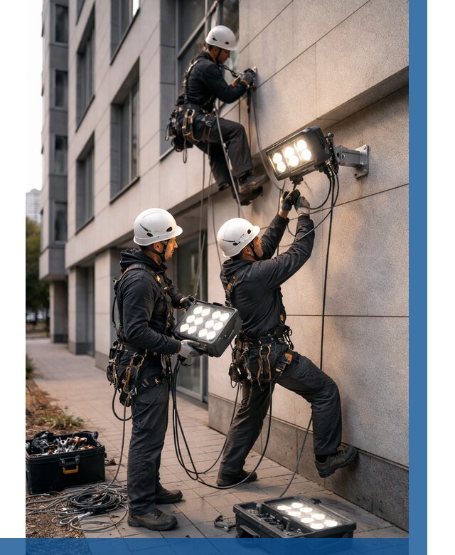 Монтаж прожекторов на фасаде в Щербинке от 7637 р. | ВЫСОТНИК-Щрб