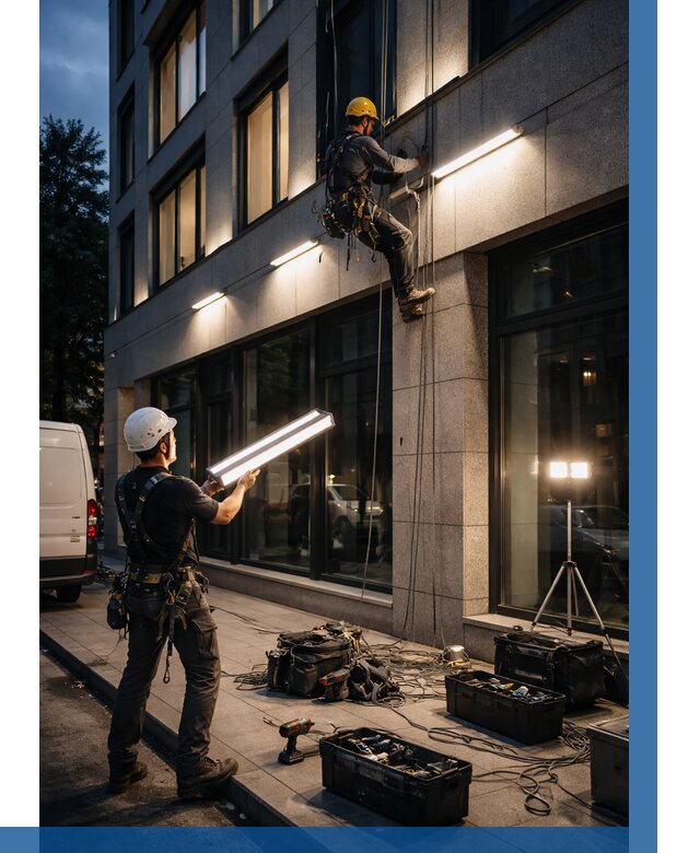 Монтаж архитектурной подсветки здания в Щербинке от 2546 р.|ВЫСОТНИК-Щрб