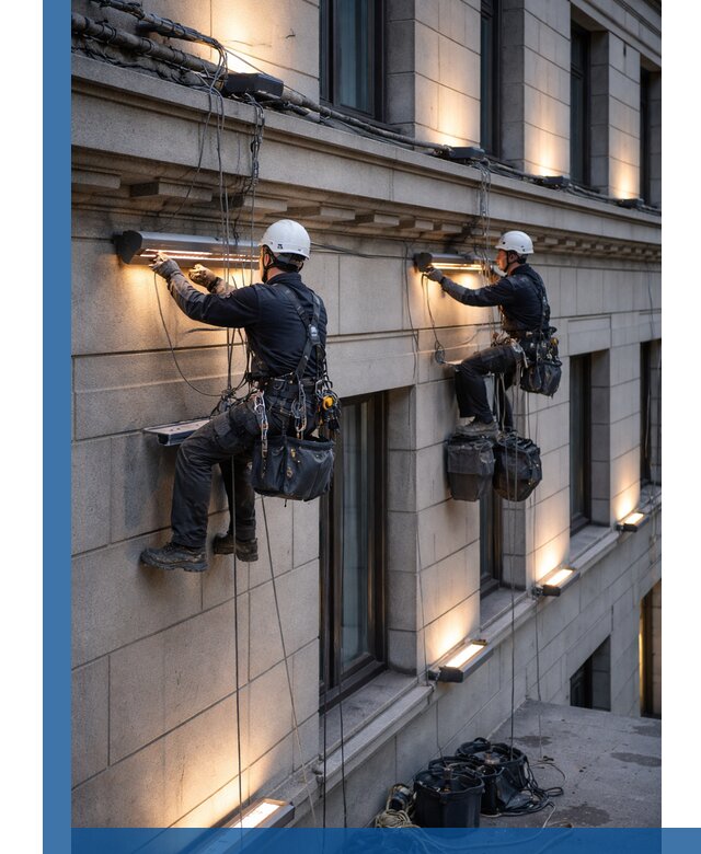 Монтаж архитектурной подсветки фасадов зданий в Щербинке