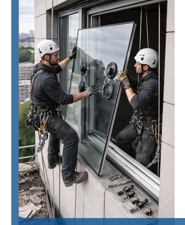 Замена стеклопакетов на высоте с промышленными альпинистами в Щербинке
