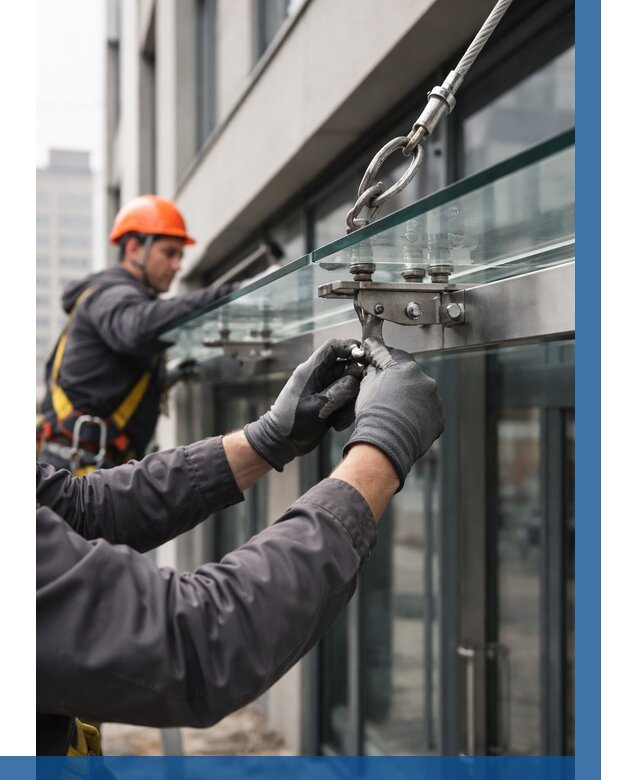 Монтаж стеклянных козырьков в Щербинке от 8655 р. | ВЫСОТНИК-Щрб