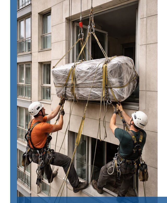 Подъем грузов через окно в Щербинке промышленными альпинистами