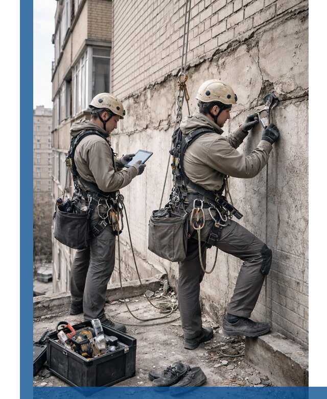 Обследование фасада промышленными альпинистами в Щербинке